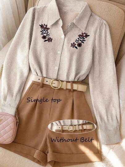 Franclia Vintage Casual Striped Embroidered Turndown Collar Long Sleeve Button-Up Shirt For Women, Autumn