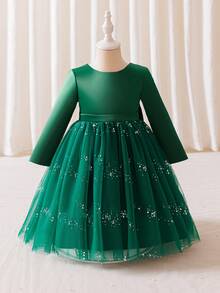 Glamorique Kids Young Girl Mesh Patchwork Bow Decor Elegant Long Sleeve Party Dress - Dark Green - View 2