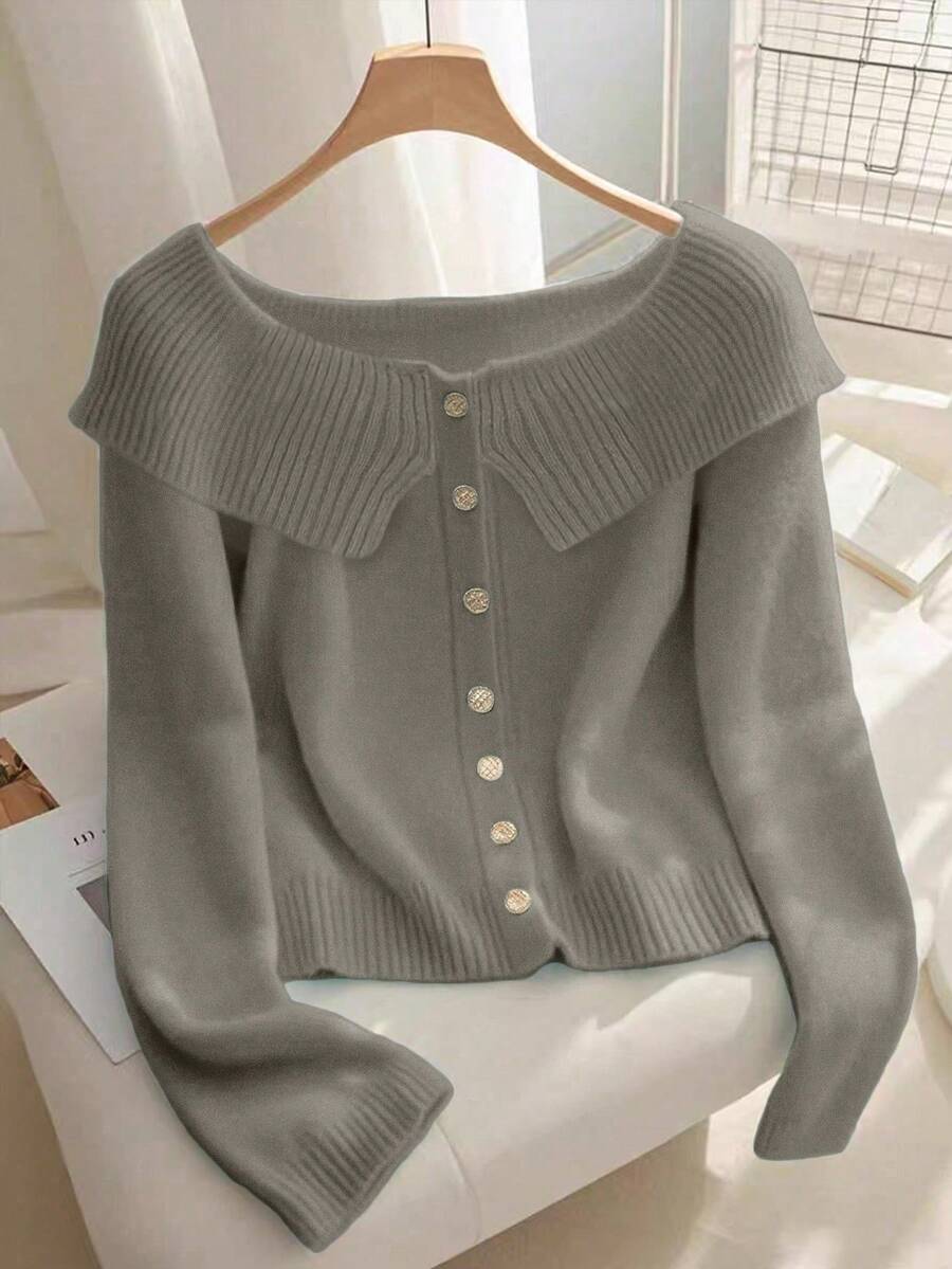 Franclia Button Decor Off Shoulder Solid Color Elegant Long Sleeve Sweater - Dark Grey - View 1