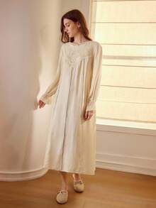 MOTF PREMIUM LACE TRIM LOOSE COMFORTABLE LONG ROMANTIC NIGHTGOWN - Apricot - View 5