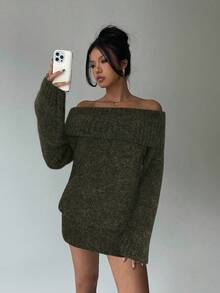 Aloruh 灰色露肩高领长袖迷你连衣裙，上衣宽松下装紧身，适合年轻女士，秋冬 - 軍綠色 - 查看 7