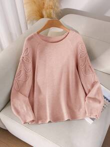 CosyJoli Sweater Rajut Longgar Kasual Lengan Raglan Leher Bulat untuk Wanita Ukuran Plus, Warna Pink Musim Gugur/Dingin - Baby Pink - View 5