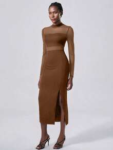 Lumivelle Lightweight And Elegant Mesh Dress, Semi-Sheer Brown Knitted Long Skirt - Brown - View 5