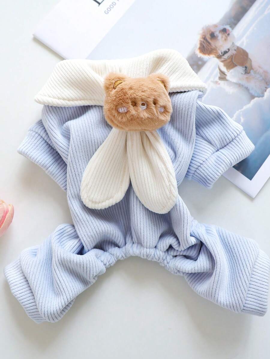 PETSIN 1件猫狗通用服装，可爱宠物泰迪熊领带连体衣，秋冬加厚蓝色保暖外套 - 藍色 - 查看 1