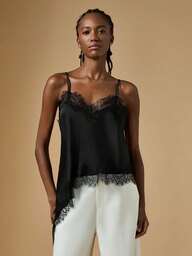 Briarwyn Sexy Satin-Top für Damen, einfarbig, mit kontrastierender Spitze und asymmetrischem Saum, schwarzes Top, sexy Tops für Damen, Halloween-Kostüm, Party-Outfit