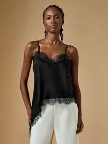 Briarwyn Women's Sexy Satin Solid Color Contrast Lace Asymmetric Hem Cami Black Top,Sexy Top,Halloween Costume,Party - Black - View 5