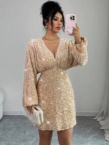 Rafferiza 女士亮片装饰连衣裙，V领，蝙蝠袖，前幅褶裥设计，收腰，长袖，优雅精致，复古法式风情，简约百搭，适合万圣节、圣诞节、感恩节、下午茶、派对、半正式场合、鸡尾酒会、秋冬季等各种场合。 - 金色 - 查看 3