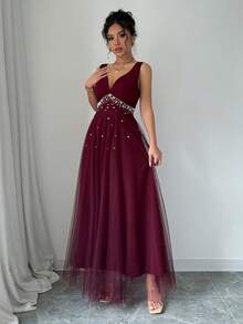 SHEIN Belle Burgundy Red Ladies' Summer Sleeveless Floor-Length Elegant Dress With Faux Pearl Decoration And Sheer Hemline Patchwork Maxi Women Outfit