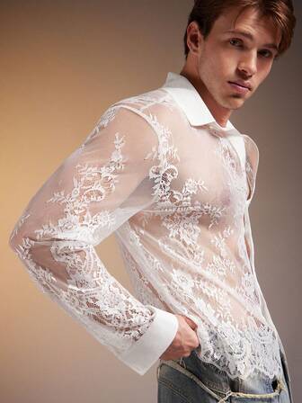 FeverCity Camisa de manga larga con botones delanteros de encaje y malla transparente, sexy para hombres