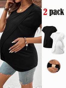 Modmama Maternity Solid Color Round Neck Short Sleeve Nursing Top - Black and White - View 12