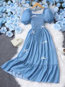 SHEIN Váy hè thường ngày tay bồng màu trơn cho bé gái tuổi teen thắt nơ - Màu xanh nhạt - Xem 1