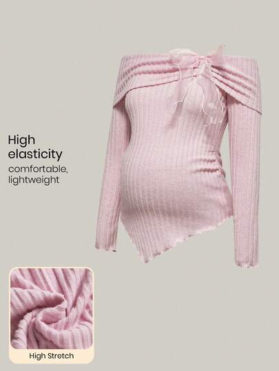 Modmama Autumn And Winter Pregnant Women's Solid Color Ribbed Pleated Bow Decor Long Sleeve T-Shirt Pink Pink Bow Top Pink Off Shoulder Top Off Shoulder Top Pink Top Elegant Dresses For Party