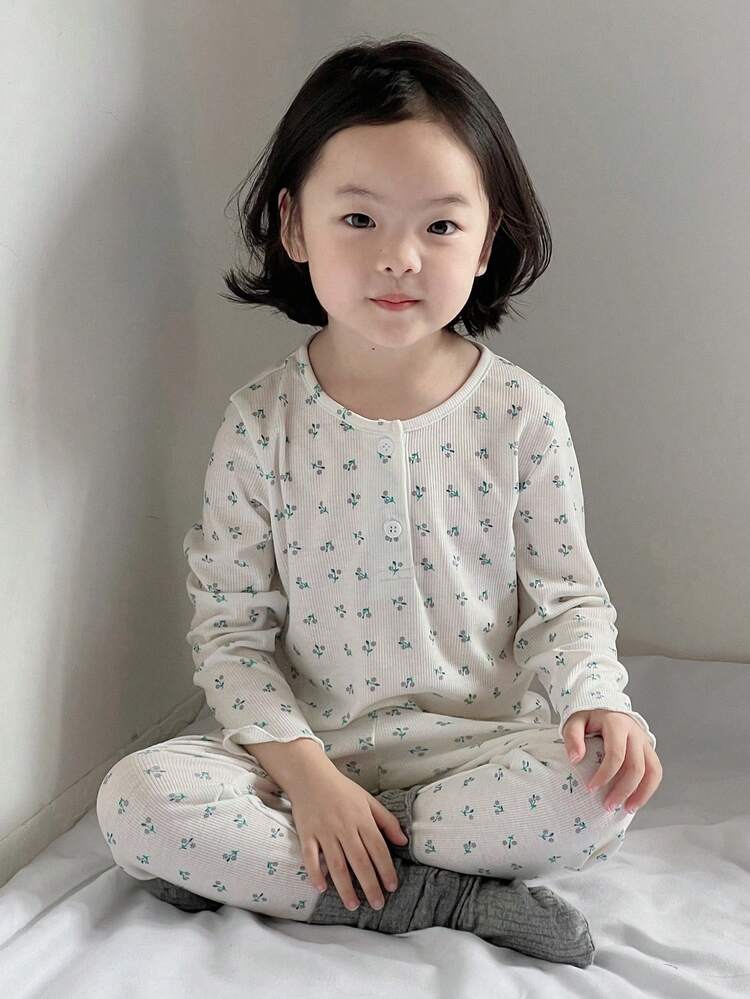 2pcs Young Girl Ditsy Floral Button-Up Long Sleeve T-Shirt And Pants Casual Set