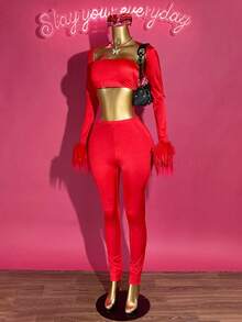 Slaydiva 2025 Winter New Arrivals - Global Carnival Season:New Year Valentine's Day Party Evening Gathering Date Gathering Birthday Party Preppy Style Student Wear Everyday Street Basic Versatile Casual Cruise Travel Internet Celebrity Hot Style Sexy Club Y2K Punk Racing Tube Top + Ultra Short Long Sleeve Fur Trim Jacket + Tights Red Glitter Fabric Winter Three-Piece Suit Christmas Suit New Year Suit Women's Three-Piece Suit - Red - View 11