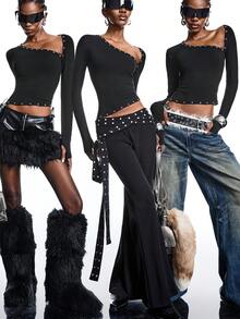 LYSMO 2025 New Arrive Minimalism Winter  Casual Slim Fit Asymmetric Collar Long Sleeve Women T-Shirt One Sleeve Top - Black - View 9