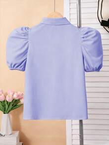 SHEIN Áo cánh dệt trắng thanh lịch dành cho bé gái tuổi teen, tay bồng, nơ có thể tháo rời, đa năng khi đi làm, kết hợp với váy, quần ống rộng, quần bó, quần short, thích hợp mặc khi trở lại trường và mặc hàng ngày - Màu tím - Xem 2