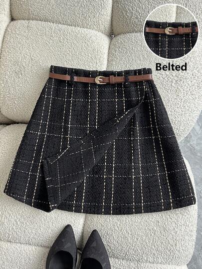 SHEIN Franclia 优雅百搭的通勤休闲斜纹格纹A字半身裙，秋冬款