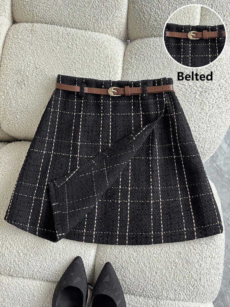 SHEIN Franclia 优雅百搭的通勤休闲斜纹格纹A字半身裙，秋冬款 - 黑色 - 查看 1