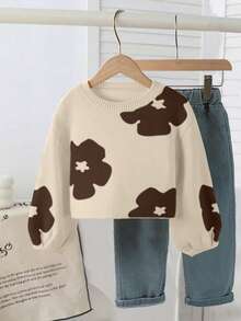 SHEIN Playful Pals Suéter infantil feminino casual com estampa floral e gola redonda, ideal para ocasiões casuais, em casa, encontros e para a volta às aulas. Suéter curto para meninas, perfeito para o outono. - Damasco - Ver 3