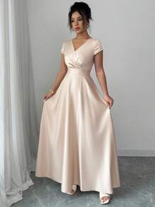 Elenzga Vestido elegante y romántico para mujer, con cuello en V, manga corta y ajuste en la cintura - Champán - Ver 3