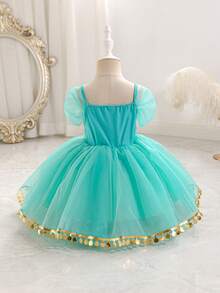 SHEIN Glamorique Kids Đầm công chúa voan cho bé gái, đầm lưới màu xanh lá cây, đầm dự tiệc sinh nhật, đầm dạ hội, đầm voan phồng hai dây màu xanh lá cây, đầm dự tiệc với ruy băng vàng, phong cách Trung Đông, đầm dạ hội thanh lịch - màu xanh lá - Xem 2