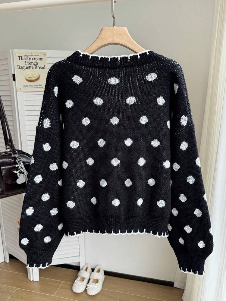 Comfortcana 甜美波点提花V领针织开衫 - 黑與白 - 查看 2