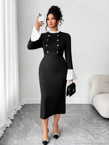 Elenzga Women's Elegant Ruffle Trim Contrast Button Knit Bodycon Maxi Dress, Office Workwear, Little Black Dress, Autumn Ladies Clothing Button Dress Bodycon Midi Dress Elegant Midi Dress Long Sleeve Elegant Dress - Black - View 3