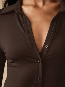 MISSGUIDED Long Sleeve Ribbed Bodysuit With Button Front Henley Neckline For Women Fall Winter - Brown - View 4