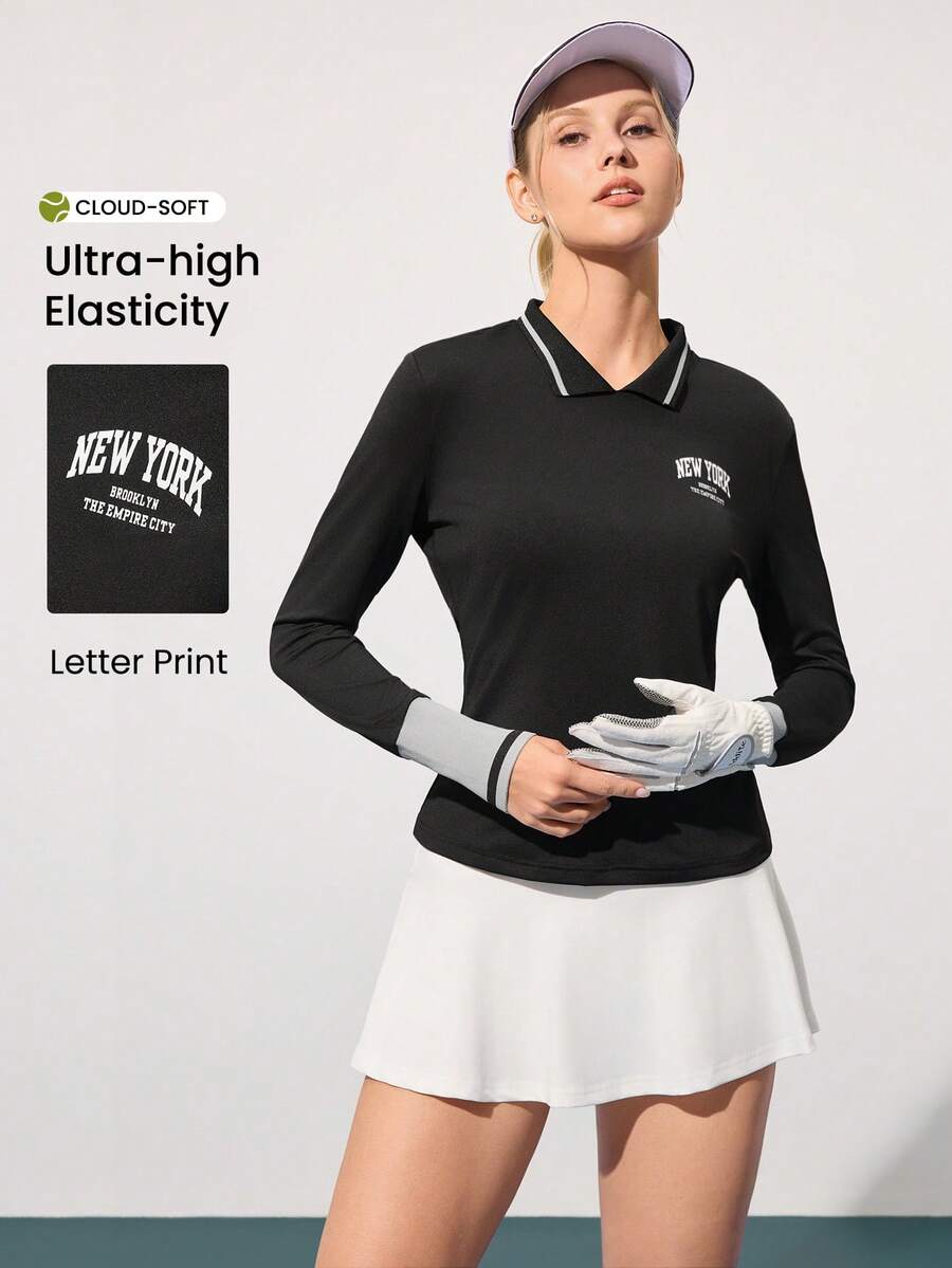 CourtClass 女士字母印花高尔夫球衫，长袖，翻领 - 黑色 - 查看 1