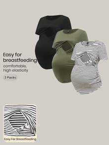 Modmama Maternity Summer Casual Nursing Clothes Round Neck Short Sleeve Slim Fit T-Shirt