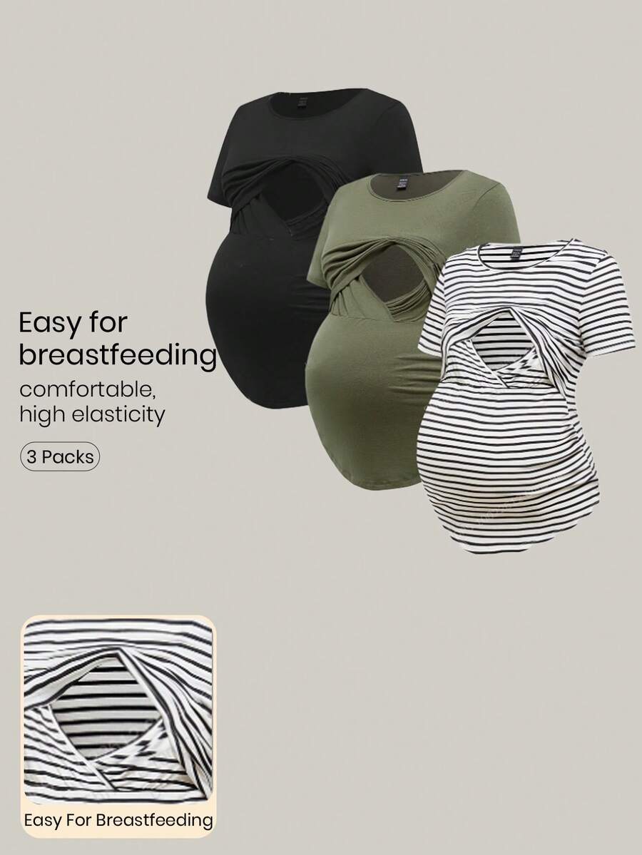 Modmama Maternity Summer Casual Nursing Clothes Round Neck Short Sleeve Slim Fit T-Shirt