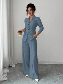 Elenzga 女士酒红色纯色厚面料V领西装外套，撞色纽扣假口袋设计，教师制服优雅专业套装，适合感恩节、万圣节、圣诞节、旅行、正式场合、会议、秋季两件套 - 藍色 - 查看 5