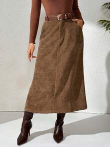 Feyla Casual Versatile Minimalist Solid Color Commuter Daily Wear Women Skirt - Brown - View 1