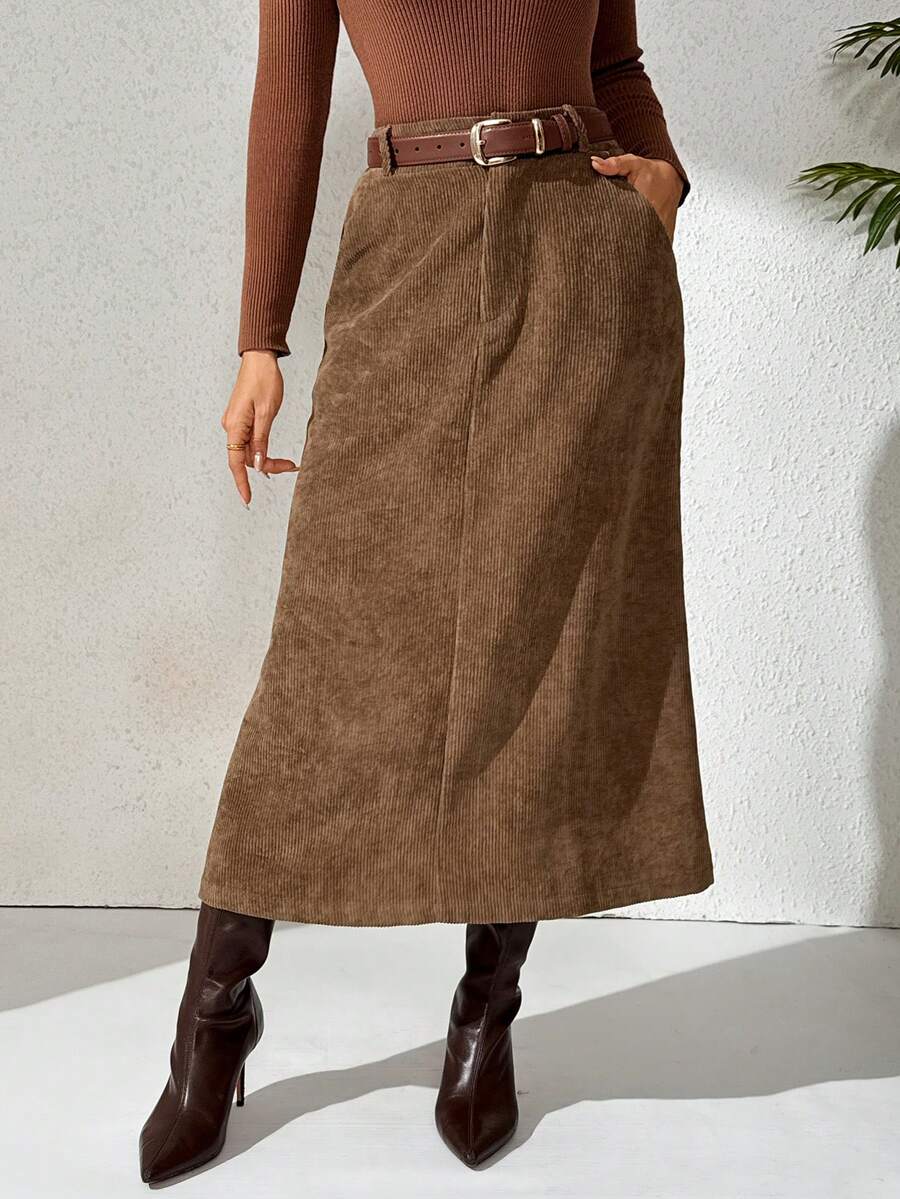 Feyla Casual Versatile Minimalist Solid Color Commuter Daily Wear Women Skirt - Brown - View 1