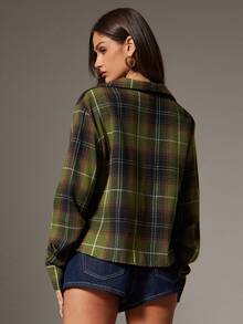 Denimoi Houndstooth Plaid Plunge Neck Collared Asymmetrical Hem Long Sleeve Shirt, Fashionable Blouse