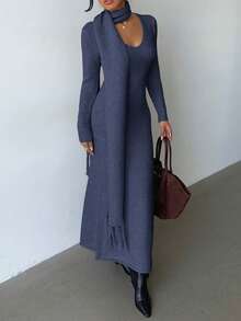 Elenzga Vestido de malha elegante, leve, com decote em V, estilo vintage, simples e confortável, com cachecol de borla, adequado para deslocamentos e passeios no outono/inverno - Azul - Ver 6
