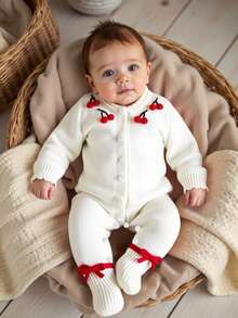 SHEIN Baby Girls Casual Cute White Embroidered Floral Knitted Sweater Jumpsuit Soft & Comfortable, Suitable For Daily, Outings, Travel, Vacation, Home, Daycare, Baby Girl Play, Christmas, Back To School, Parties Fall Winter