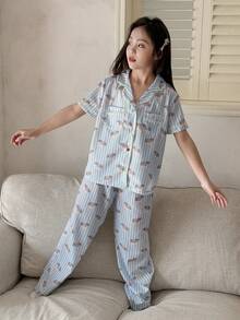 DAZY Tween Girl Striped Puppy Print Short Sleeve Pajama Set - Blue - View 1