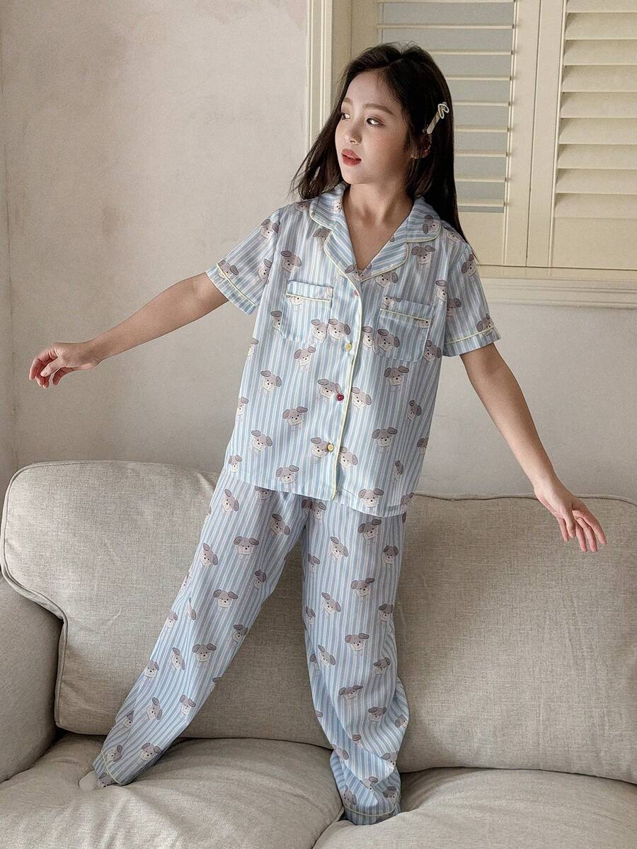 DAZY Tween Girl Striped Puppy Print Short Sleeve Pajama Set - Blue - View 1