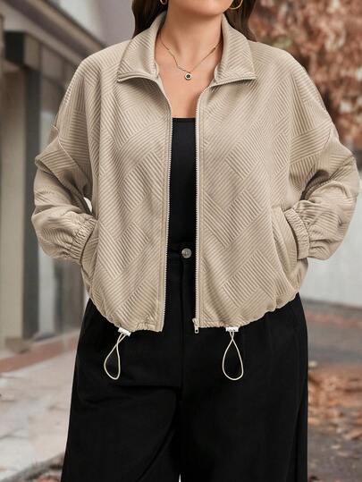 SHEIN LUNE Plus Size Autumn Stand Collar Zip-Up Women Short Sweatshirt With Pockets, Textured Khaki Fabric,Floral Three-Dimensional Texture Fabric, Navycore Coat,New Brown Casual College-Style Fashionable And Comfortable Women's Swwatshirt, Drawstring Hem Design, Lantern Sleeves Design. Oversized Jacket Crop Jacket Cover Up Jacket Summer Jacket Plus Size Plus Size Blazers For Women