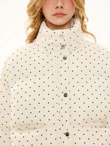 ROMWE Kawaii Sweet Polka Dot Mandarin Collar Padded Coat - White - View 2