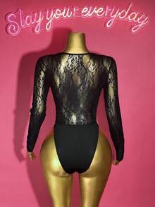 Slaydiva Spring & Summer New Year, Valentine's Day, Party, Banquet, Date, Birthday Party, College Style, Student Wear, Casual Daily Outfit, Basic Versatile, Casual, Cruise Travel, Viral Sensation, Elegant Romantic Sexy Party, Sexy, Square Neck, Lace Trim Collar, Waist Cinching, Black Lace, Sheer, Tight Bodysuit, Autumn/Winter Bodysuit, Sexy Bodysuit, Women's Bodysuit - Black - View 6