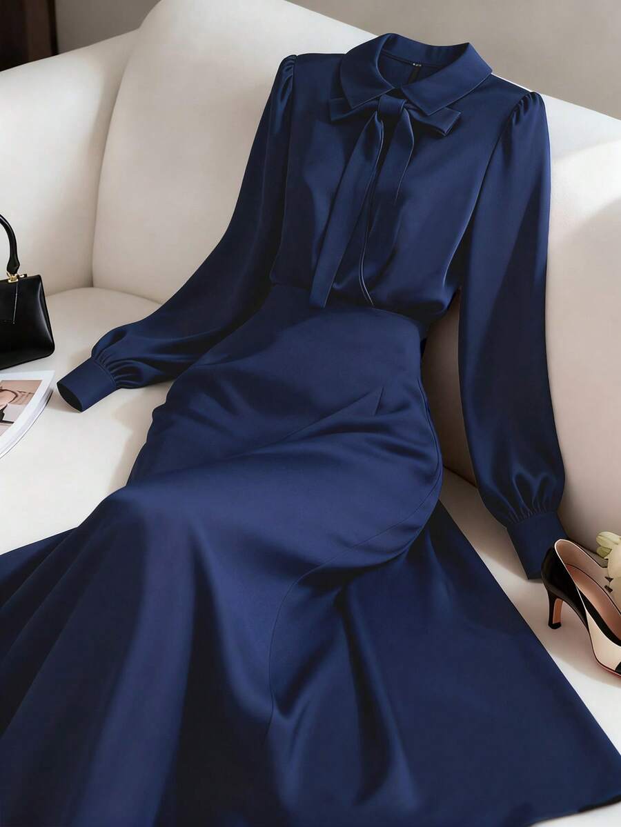 Franclia Women's Fashionable Elegant Bowknot Waist Mid-Length Dress - Navy Blue - View 1