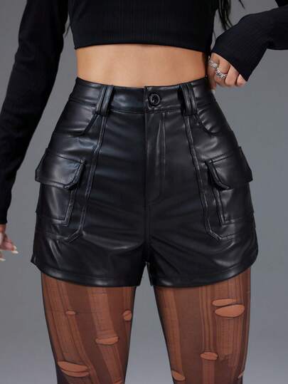 Bloopia Bloopia Fashionable Personalized Street Style Sexy Babe Women's Autumn/Winter Halloween PU Leather Patchwork Cargo Pocket Flared Hem Shorts