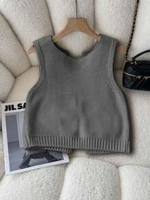 Elamini 秋季休闲露背系带针织背心 - 深灰色 - 查看 2