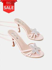 Women's Rhinestone Embellished 3D Floral Decor Elegant High Heel Sandals - Baby Pink - View 1
