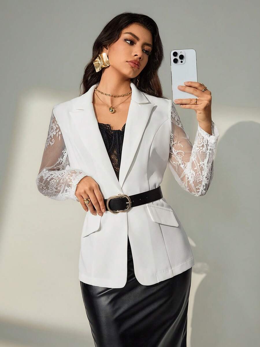 Bluhae Áo khoác Blazer nữ tay dài phối ren trơn màu thanh lịch - trắng - Xem 1