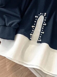 Lacomfia 1 件女士黑色长袖运动衫，时尚铆钉设计上衣 - 藏蓝色 - 查看 5