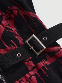 Spring/Summer Casual Red Gothic Pentagram Fluid Print Metal Rivet Eyelet Design Skinny Denim Vest - Black - View 4