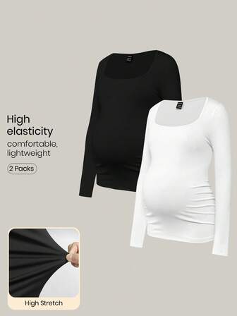 Modmama 2pcs Pregnant Women Skinny Long Sleeve Square Neck Casual T-Shirt Set, For Maternity